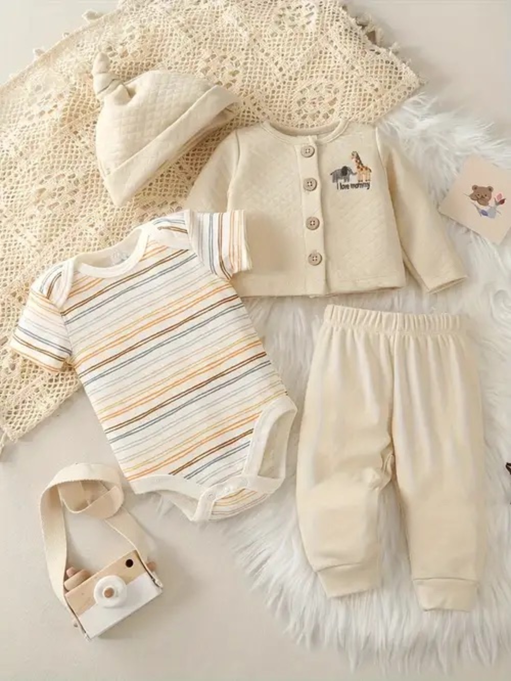 Boutique Style Quilted Striped Autumn Knot Hat 4pcs Outfit Wooden Buttons Beige